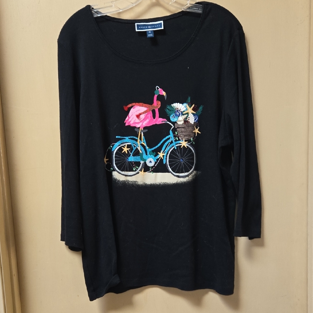 Karen Scott Black Tee with Flamingo and Bicycle Design